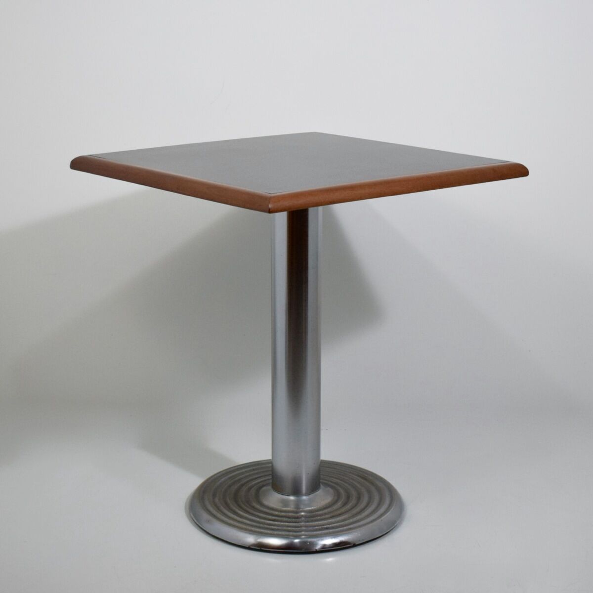 Square bistro dining table, wood, chrome and cast iron