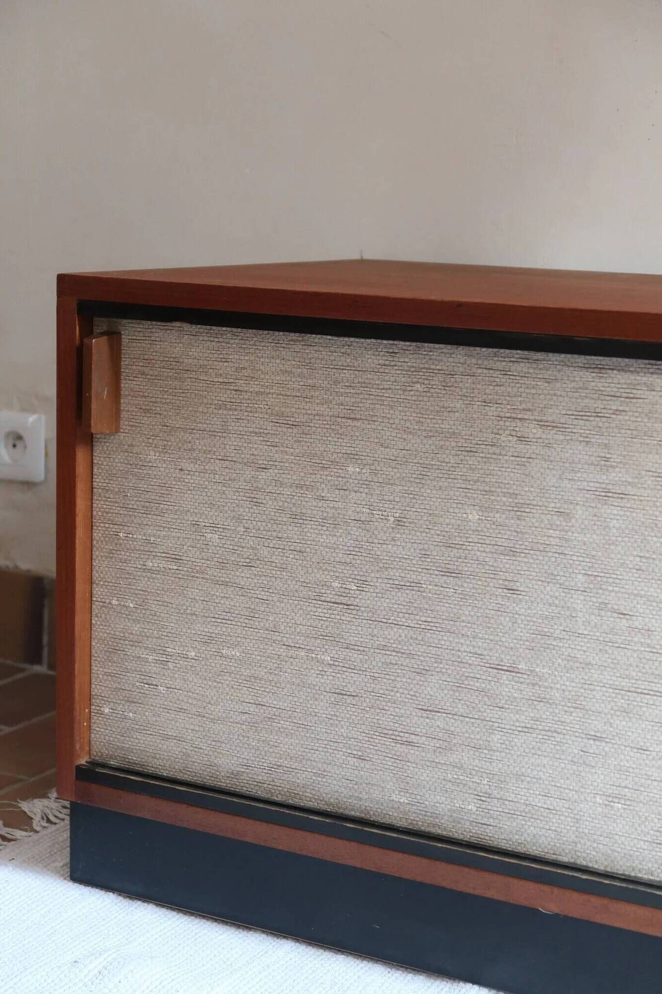 Teak enfilade, sliding canvas doors, 1960s.