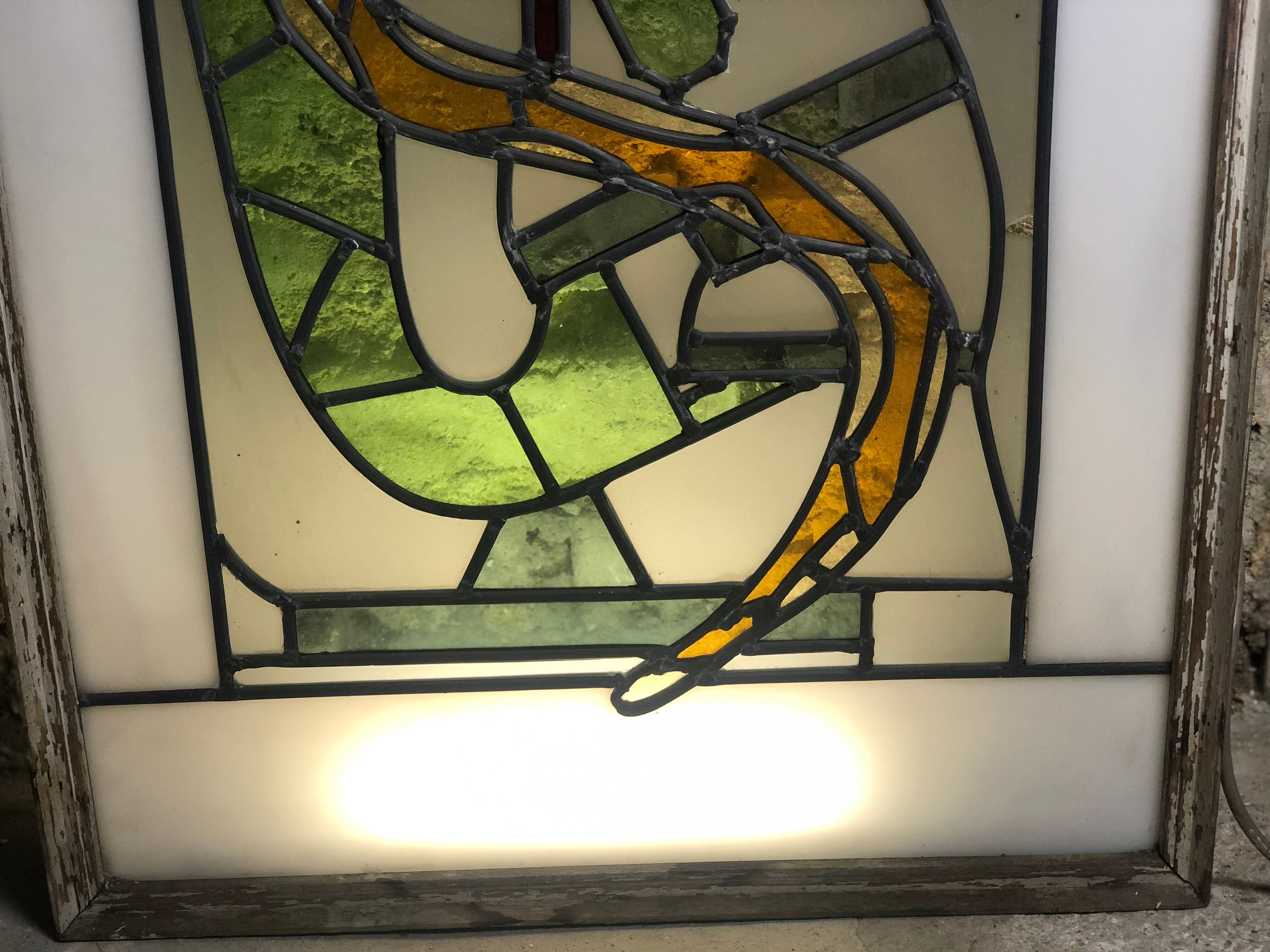 Old stained glass sign with deciduous decoration and microscope