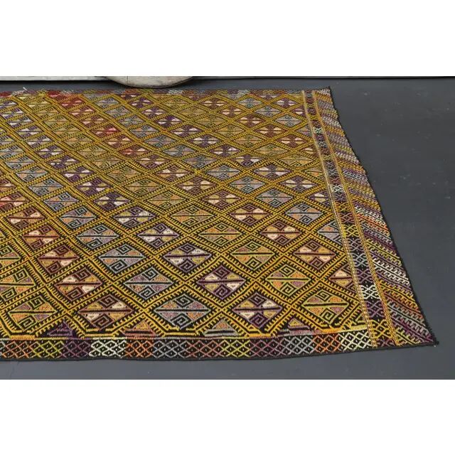 Vintage Turkish Oushak Handmade Wool & Cotton Yellow Area Rug 162x212