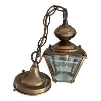 Lanterne/suspension vestibule 4 faces en verre biseauté et laiton