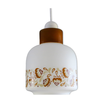 Vintage suspension lamp from the 1970s in white and brown glass, floral décor