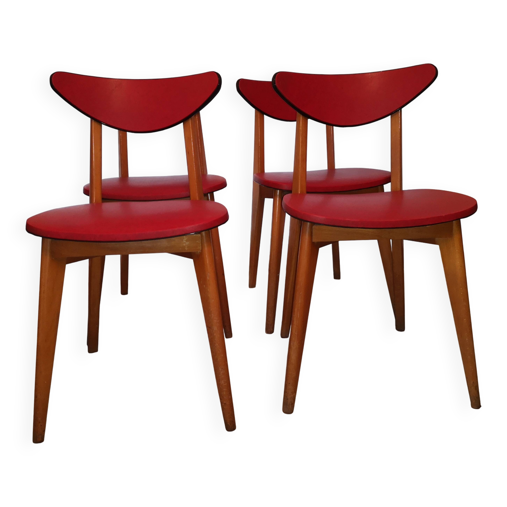 Set of 4 Vintage Chairs – 50s/60s Design – Red Faux Leather – Stackable
