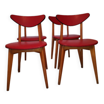 Série de 4 Chaises Vintage – Design Années 50/60 – Skaï Rouge – Empilables