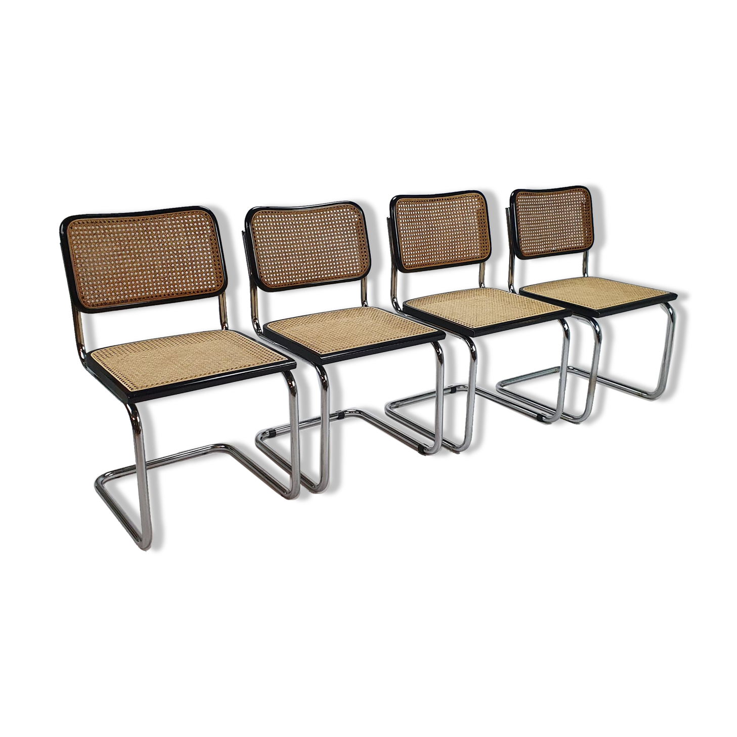 Set of 4 tubular frame and cane cantilever dining chairs Breuer Marcel italy, 1970s