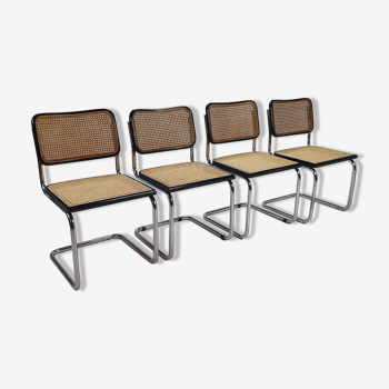 Set of 4 tubular frame and cane cantilever dining chairs Breuer Marcel italy, 1970s