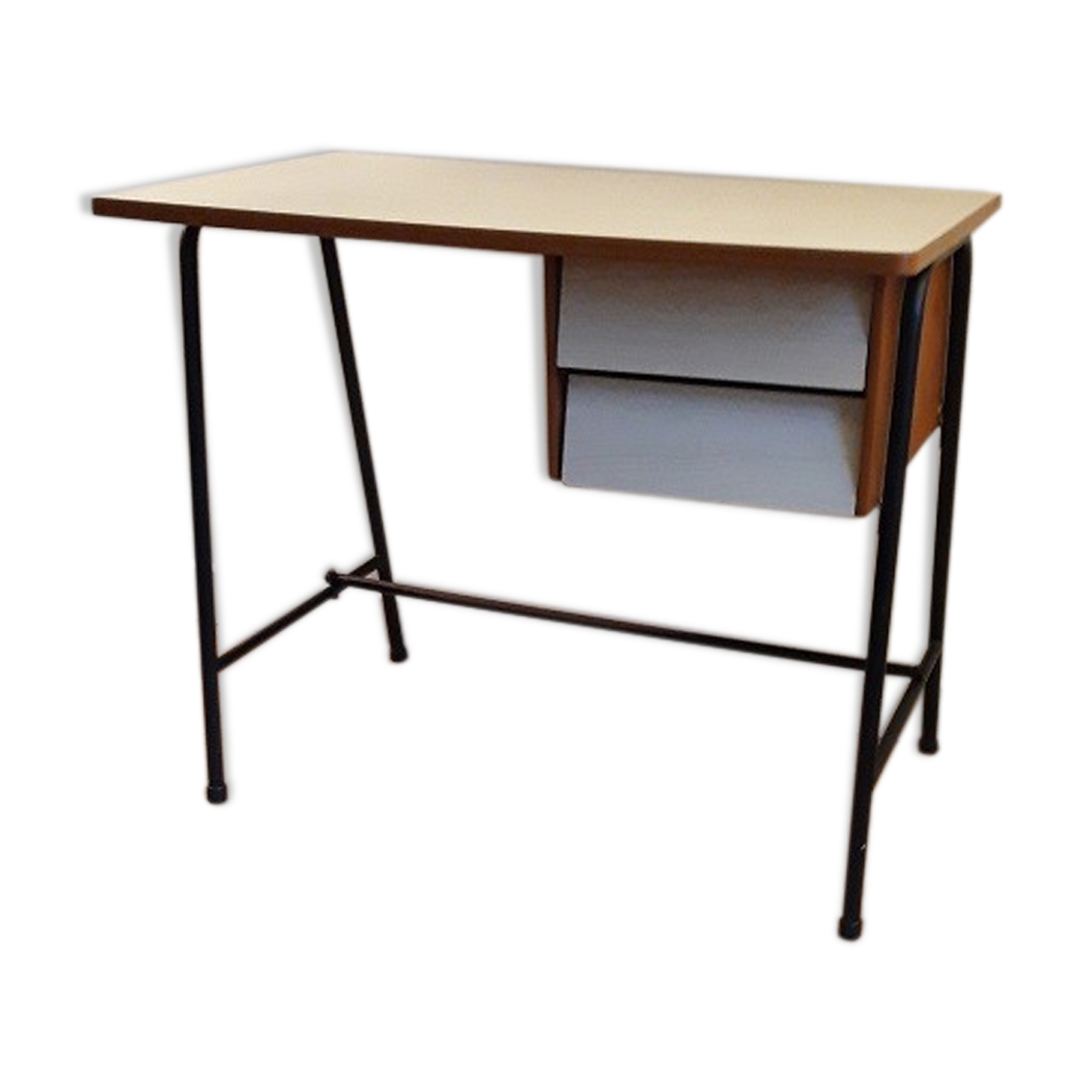 White formica and black metal feet desk