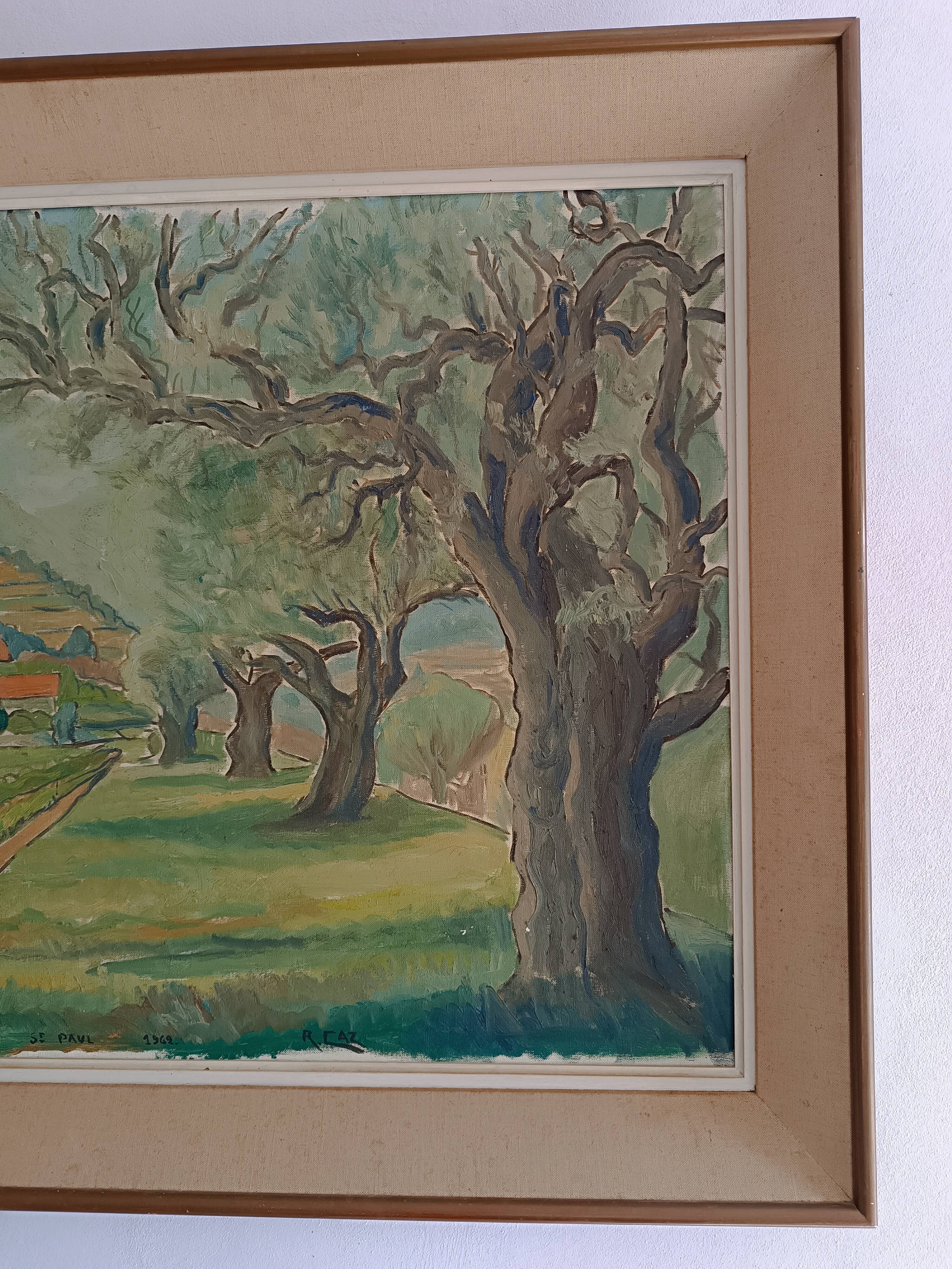Large oil on canvas landscape of St Paul de Serre signed R. CAZ.