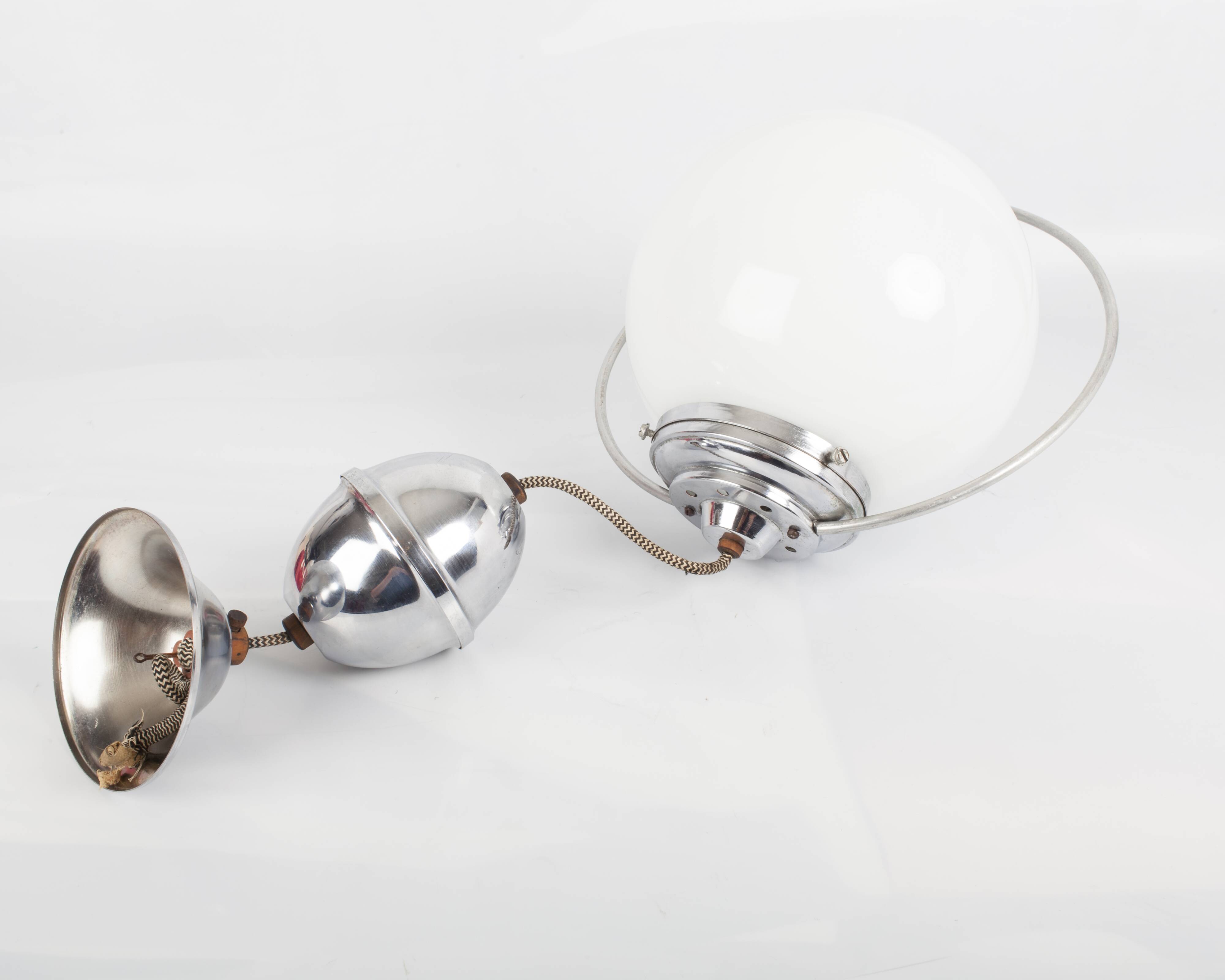 Hanging lamp up and down white opaline globe and aluminum chrome