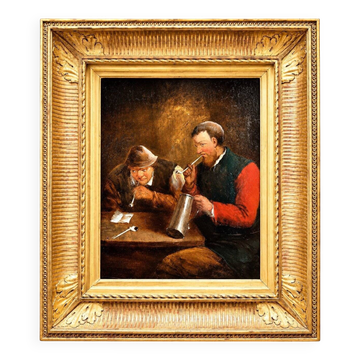 Oil on canvas – Flemish genre scene – Smokers in a tavern – Gilded wooden frame
