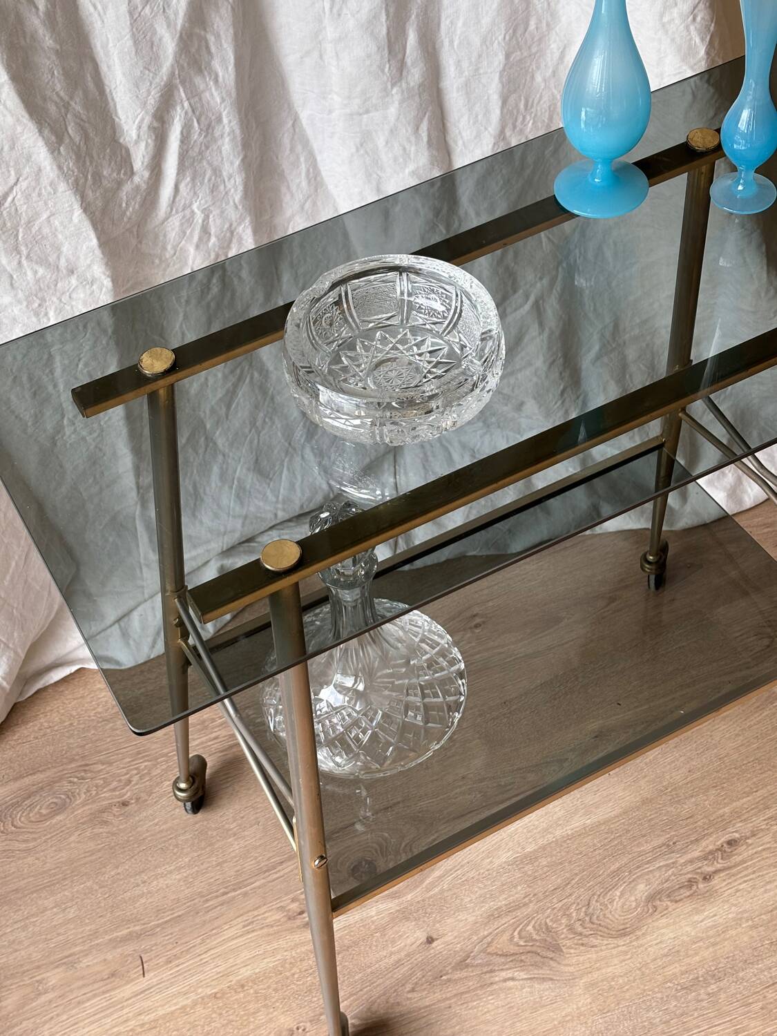 Vintage 1970 trolley in smoked glass and matte brass
