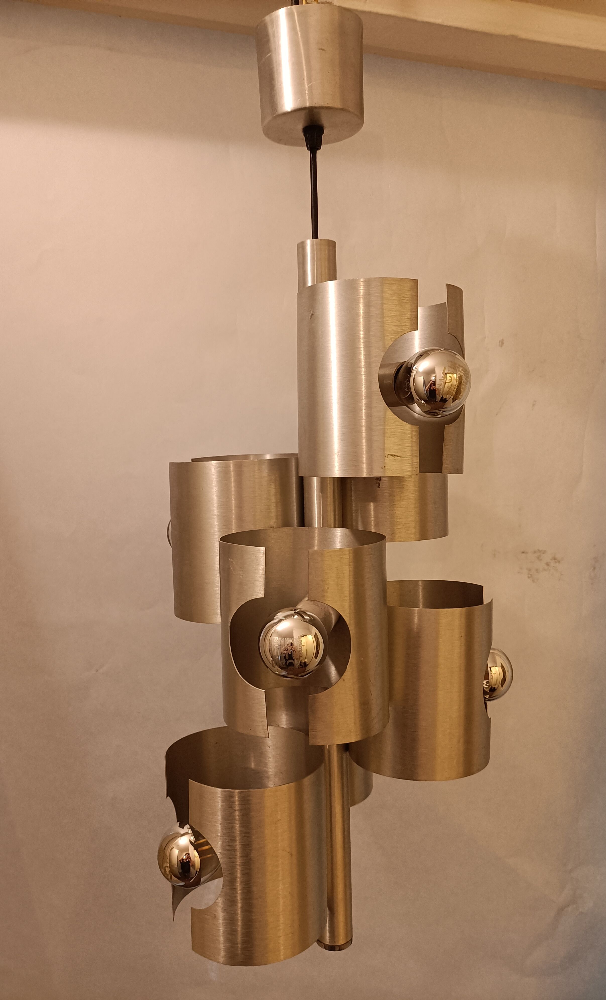 Chandelier with 7 lights in brushed aluminum, Italy 1970 Vintage