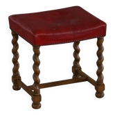 Tabouret torsadé d'orge en chêne baroque danois avec siège en cuir rouge, début du XXe siècle