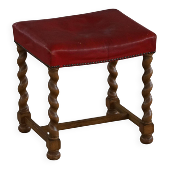 Twisted barley stool in Danish baroque oak with a red leather seat, early 20th century.