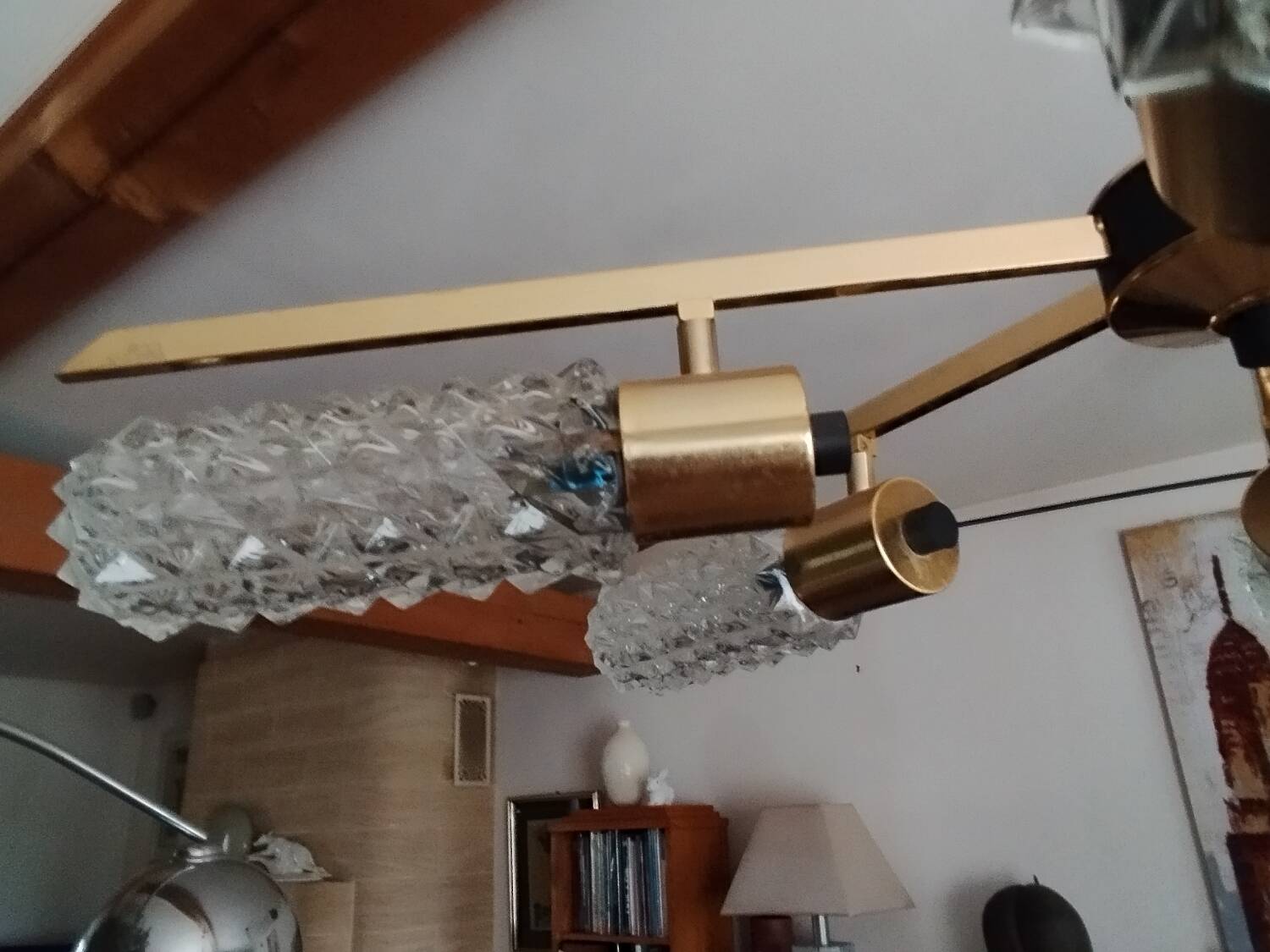 Arlus vintage brass and glass chandelier 6 lights