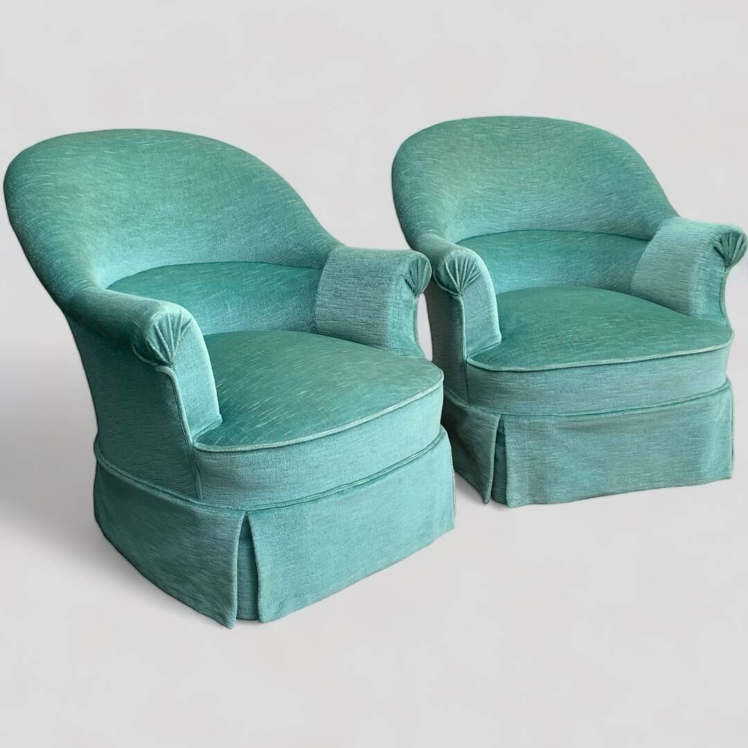 Pair of toad armchairs in water green velvet, 1970