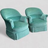 Paire de fauteuils crapaud velours vert d’eau 1970