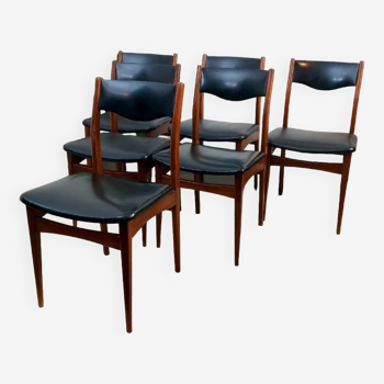 Suite de 6 chaises scandinaves de designer années 60 - Teck et Skaï noir vintage