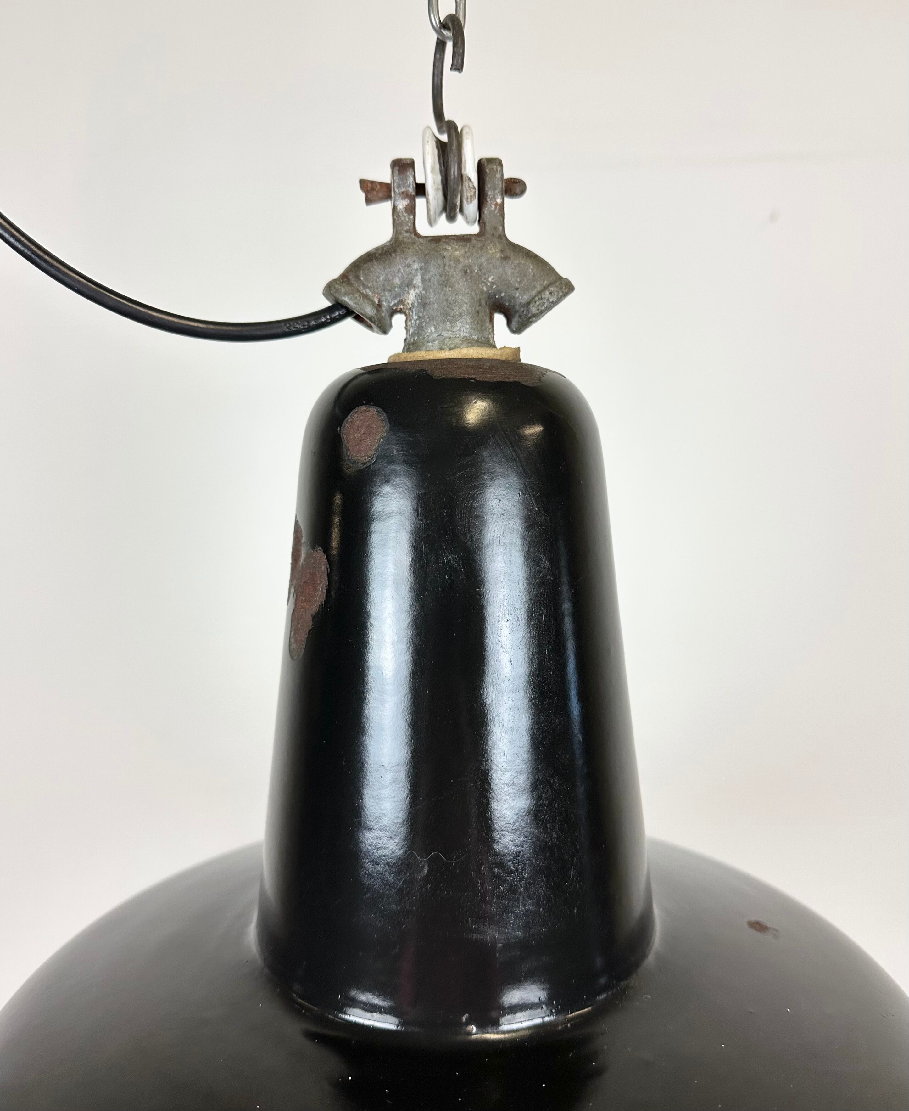 Industrial Black Enamel Factory Lamp with Cast Iron Top, 1950s