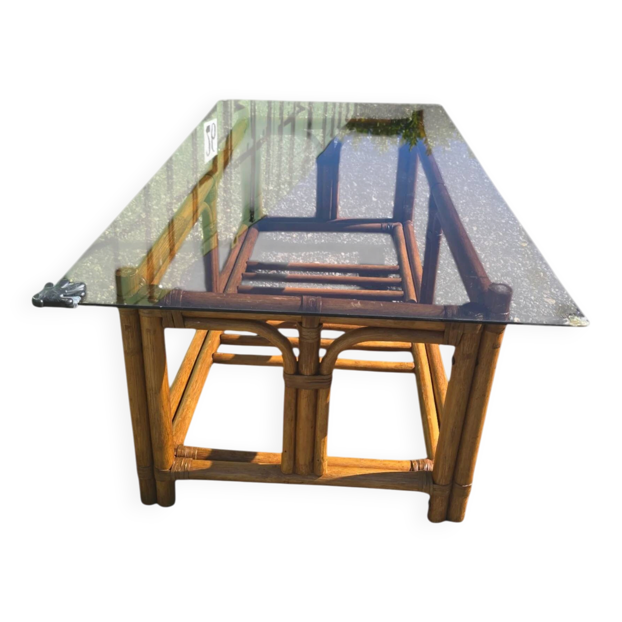 Table basse vintage rotin bambou et verre fumé