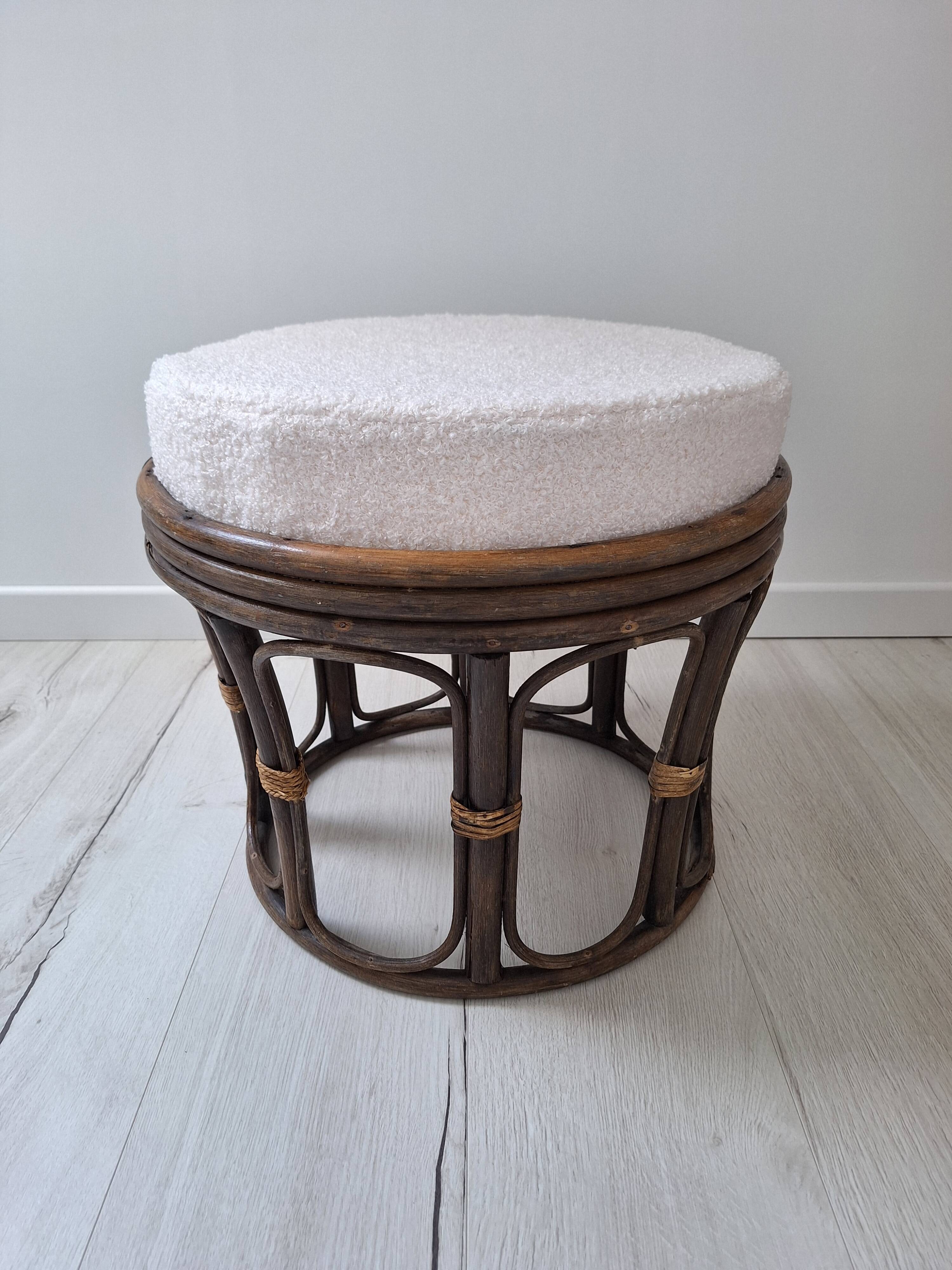 Vintage rattan and French terry fabric pouf