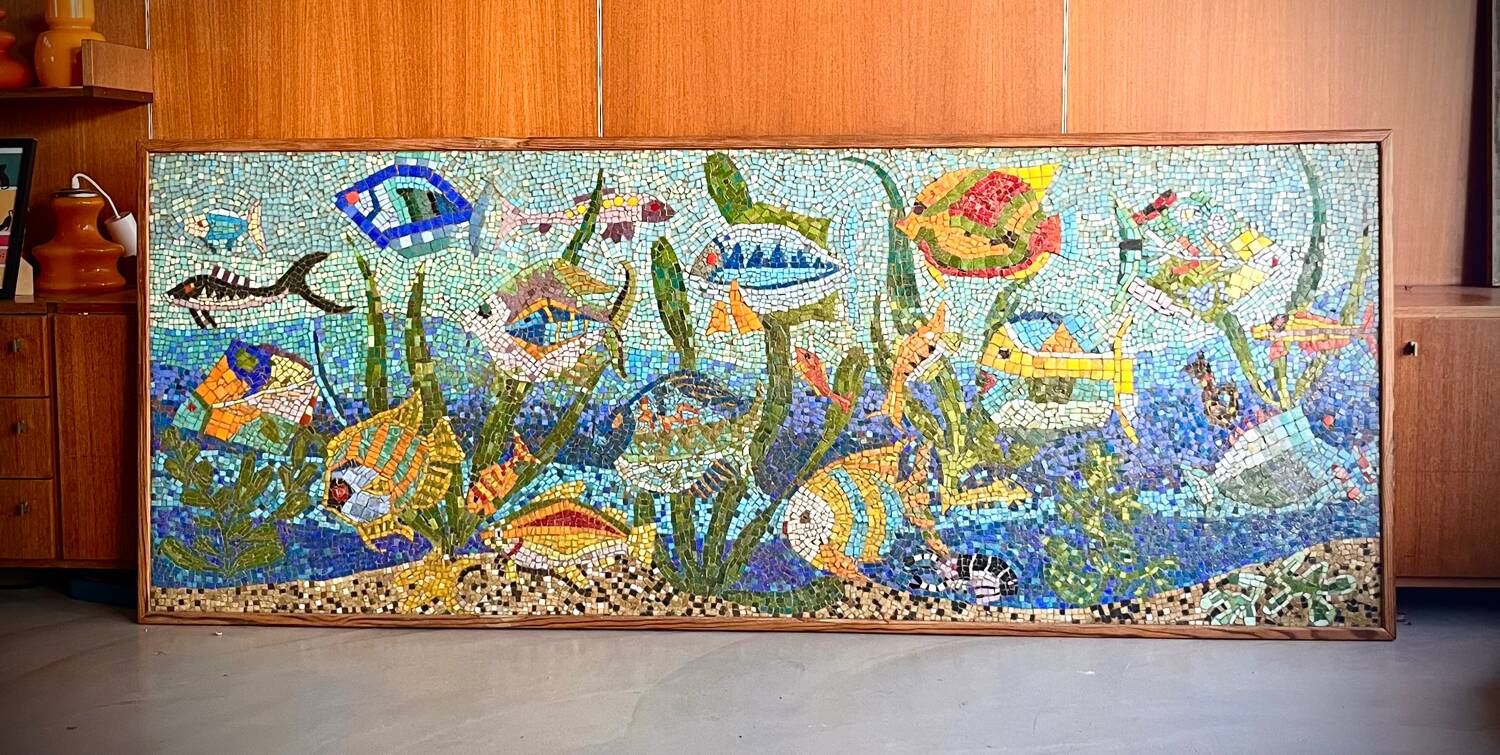 Large vintage mosaic wall fresco 1950