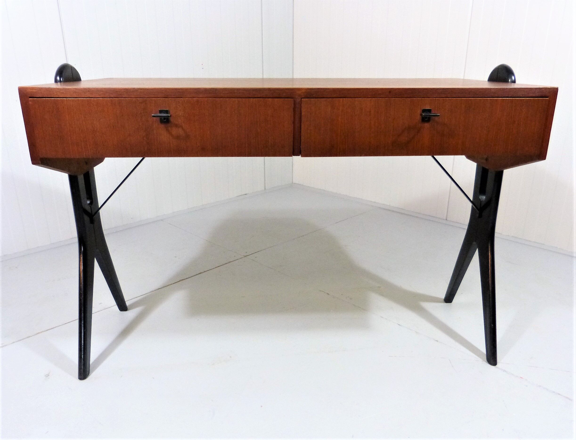 Vintage teak desk with black scissor legs 1960's