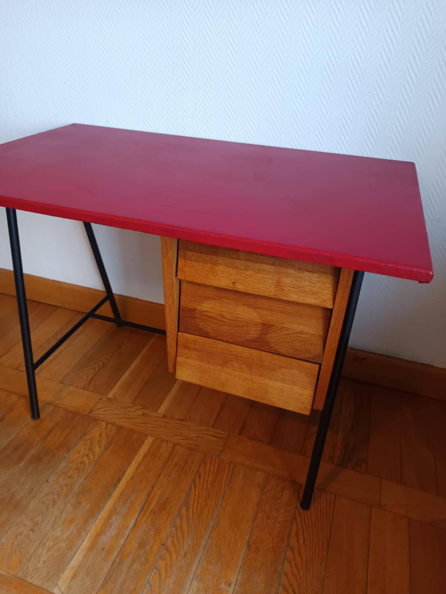 Bureau mid century skaï rouge