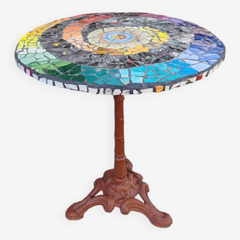 Bistro pedestal table, mosaic top.