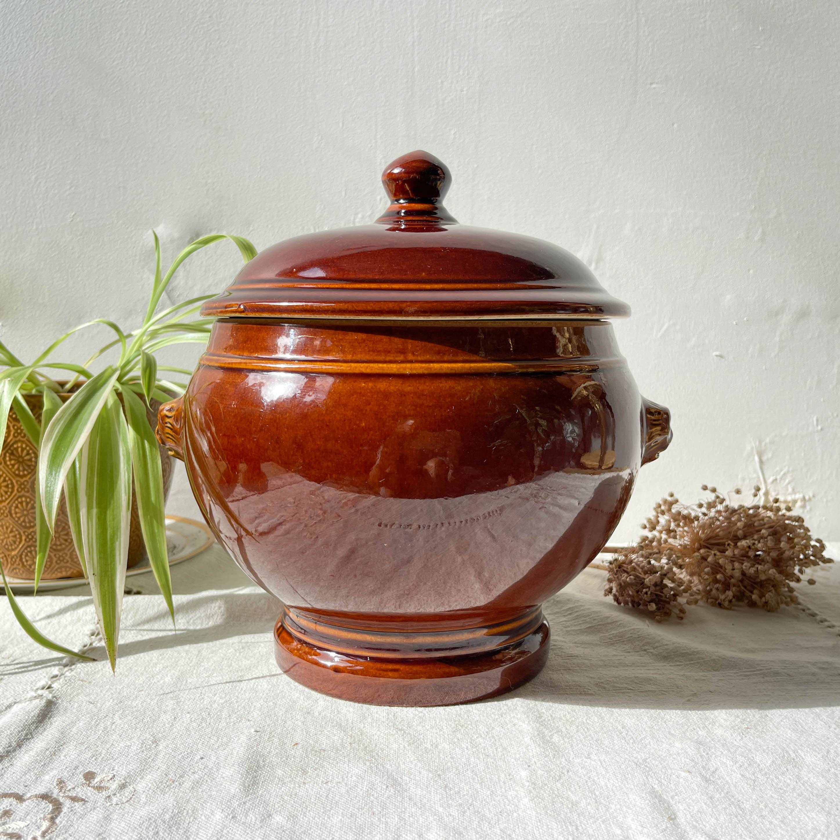 Vintage brown glazed stoneware onion soup tureen