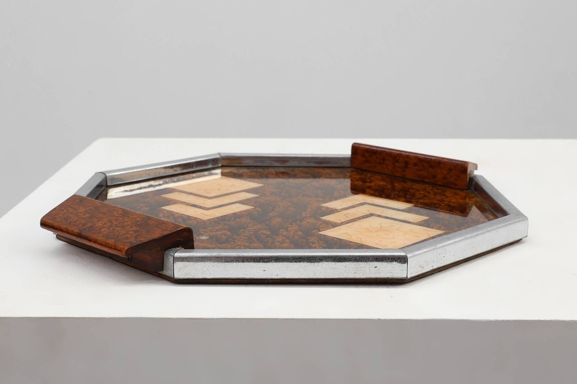 Art Deco Whiskey Tray in Metal and Wood, Belgium 1920s