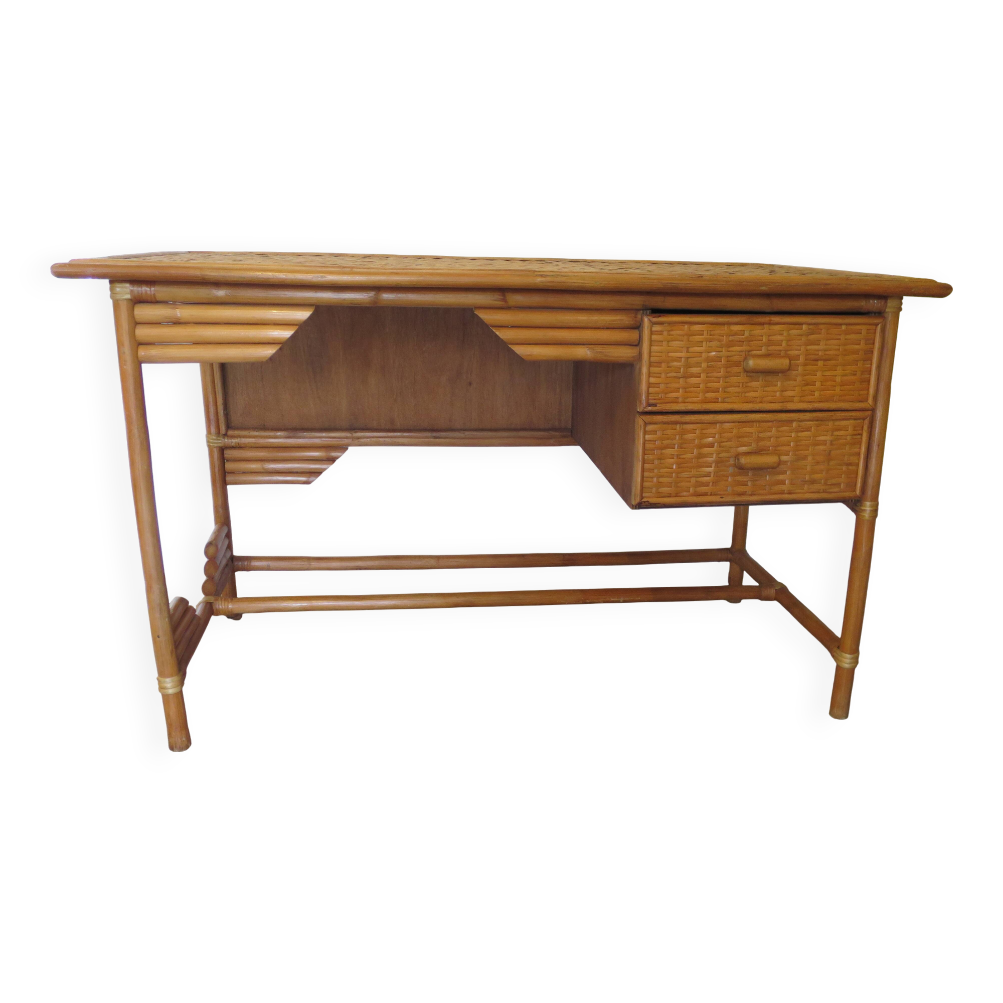 desk - wood-bamboo and woven wicker rattan - 2 drawers - large top - 80