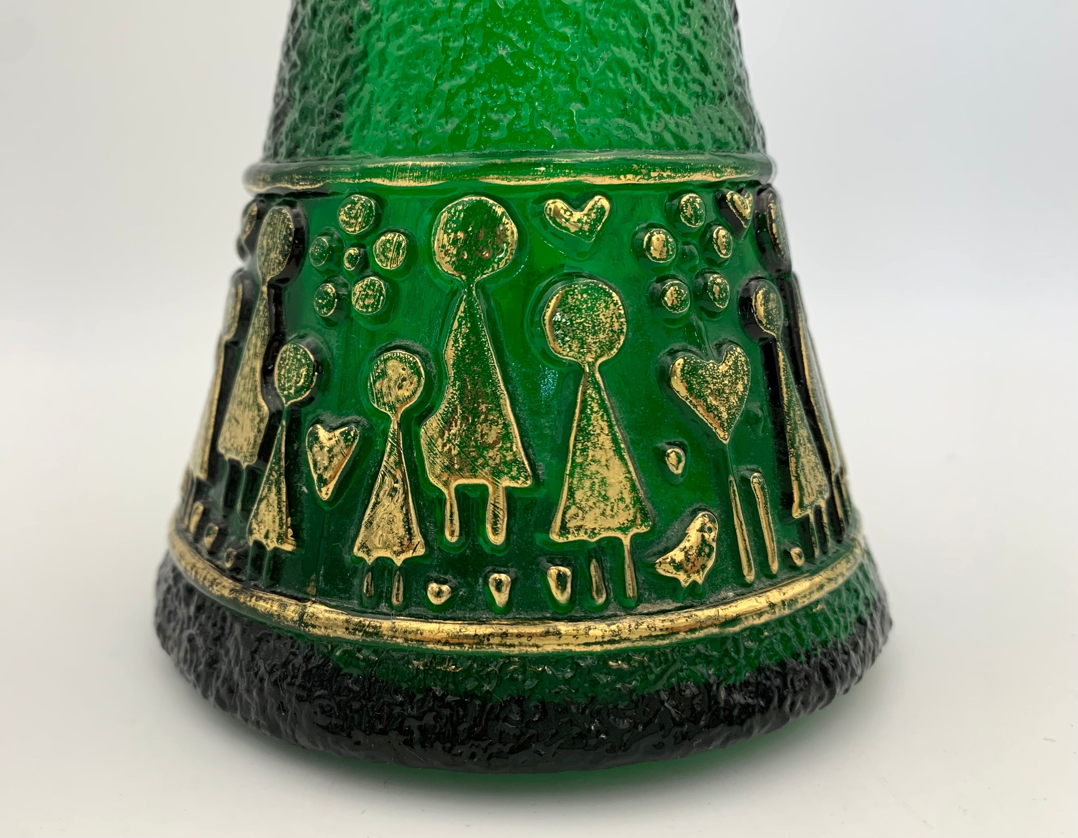 Vintage vase in moulded glass, green and gold patterns - 1970s