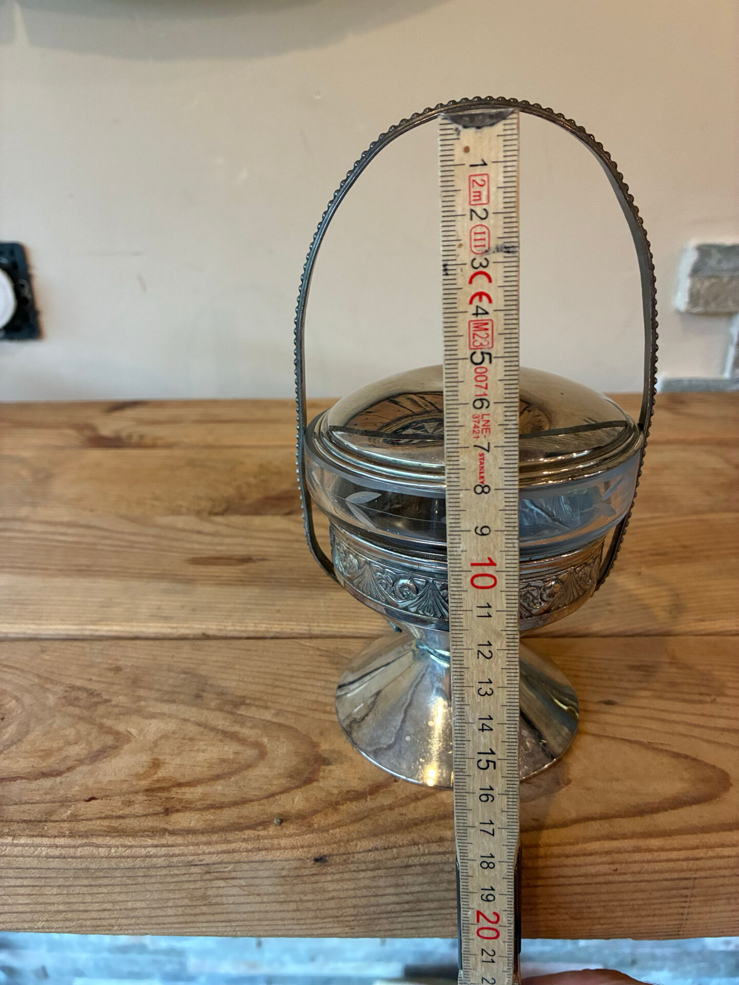 Antique sugar bowl / footed server – Engraved glass & metal mount