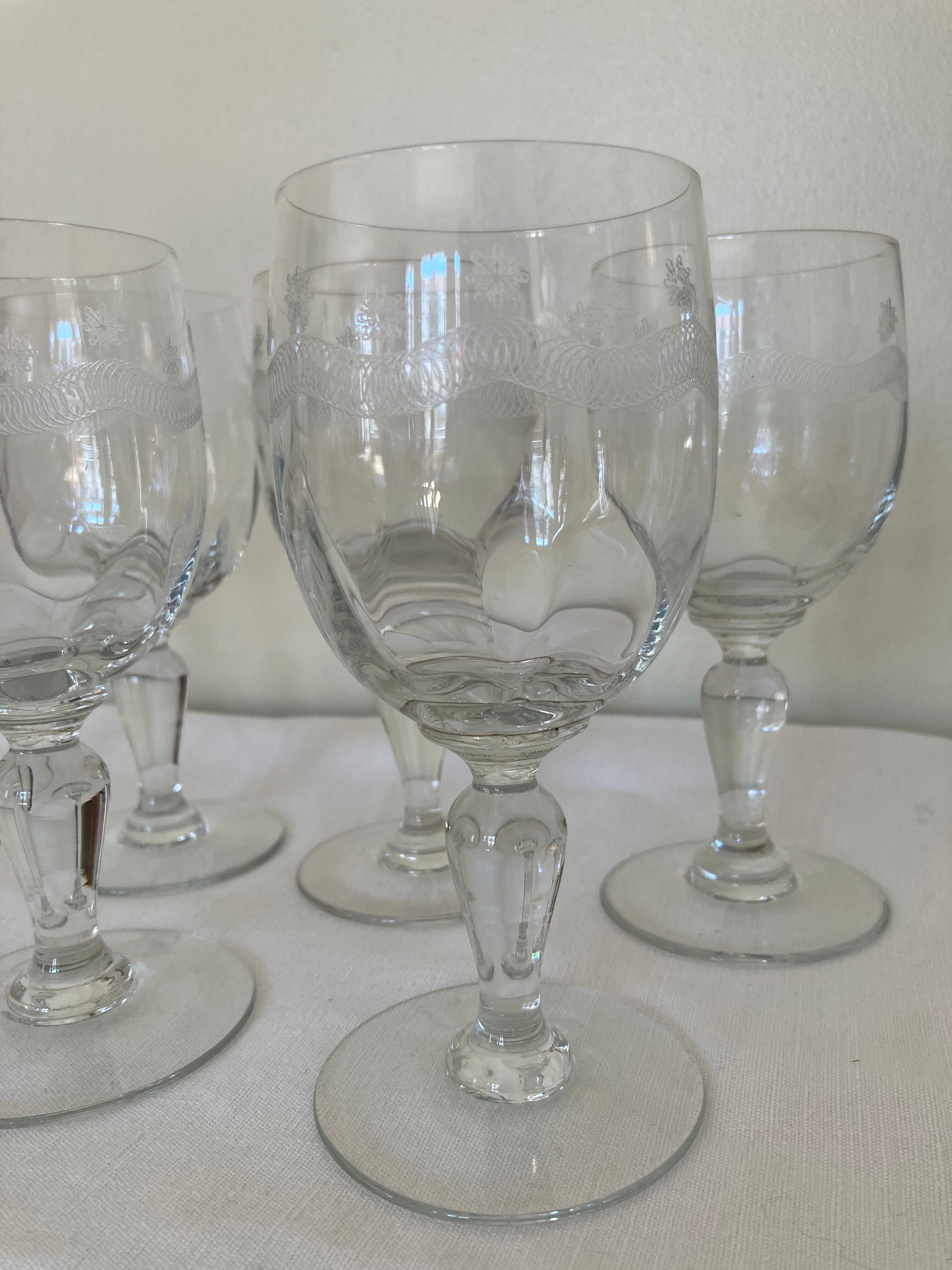 Set of 7 water glasses engraved crystal from Portieux