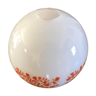 Globe cylindrique en opaline blanche et motifs floraux oranges