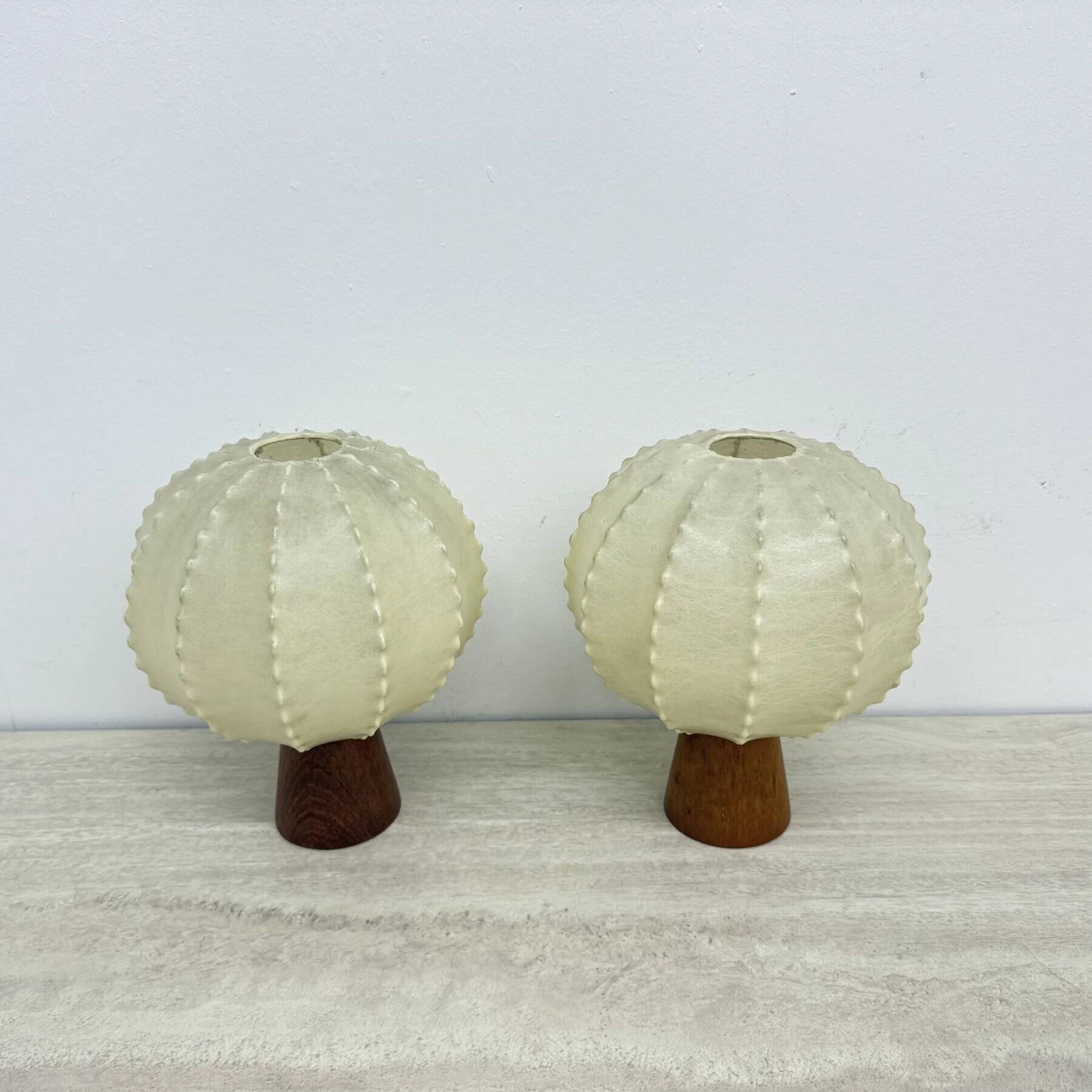 Pair of Goldkant Leuchten cocoon with teak base table lamps, 1970s