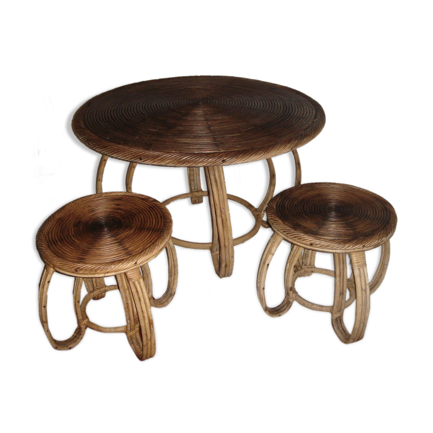 table rattan & 2 stools Indochina 1950