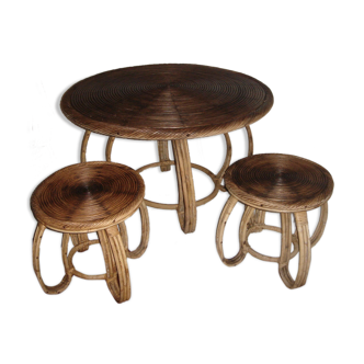 Table rotin & 2 tabourets indochine 1950