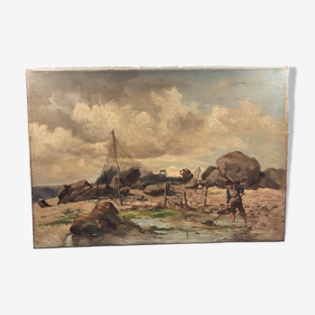 Oil on canvas animated seascape, brittany - signed de belcour? 19th century