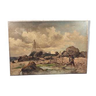 Oil on canvas animated seascape, brittany - signed de belcour? 19th century