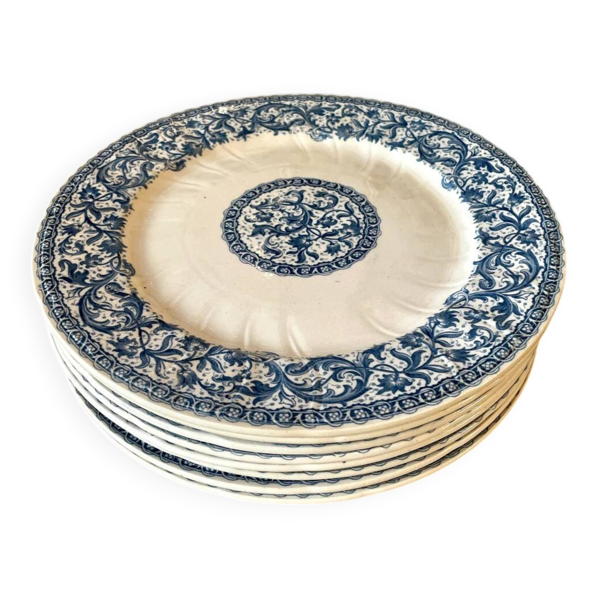 Set of 8 Gien earthenware plates, Rouen pattern, blue garlands and foliage