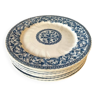 Set of 8 Gien earthenware plates, Rouen pattern, blue garlands and foliage