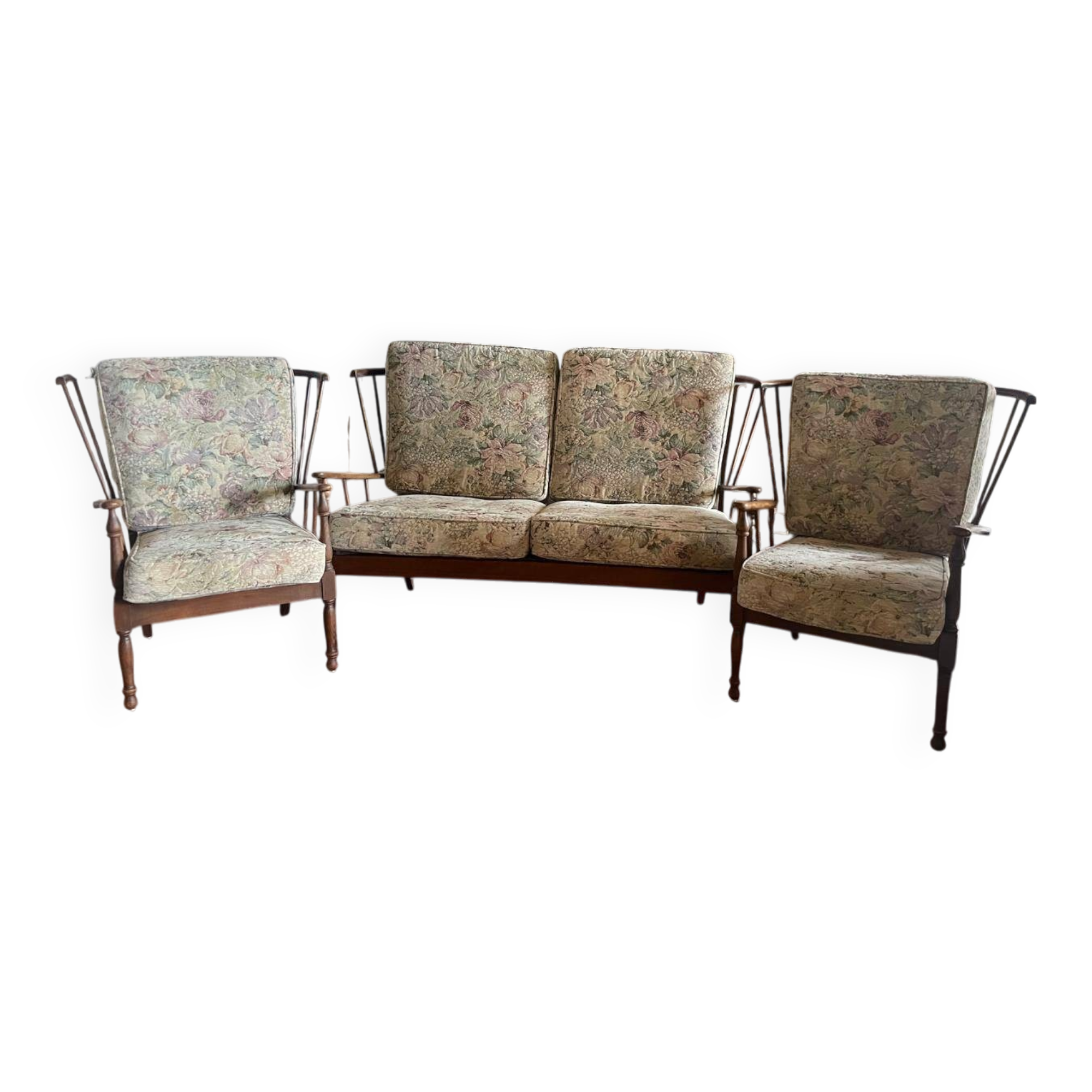 Rare set of vintage armchairs and fan bench