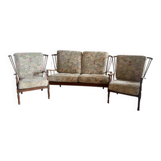 Rare set of vintage armchairs and fan bench