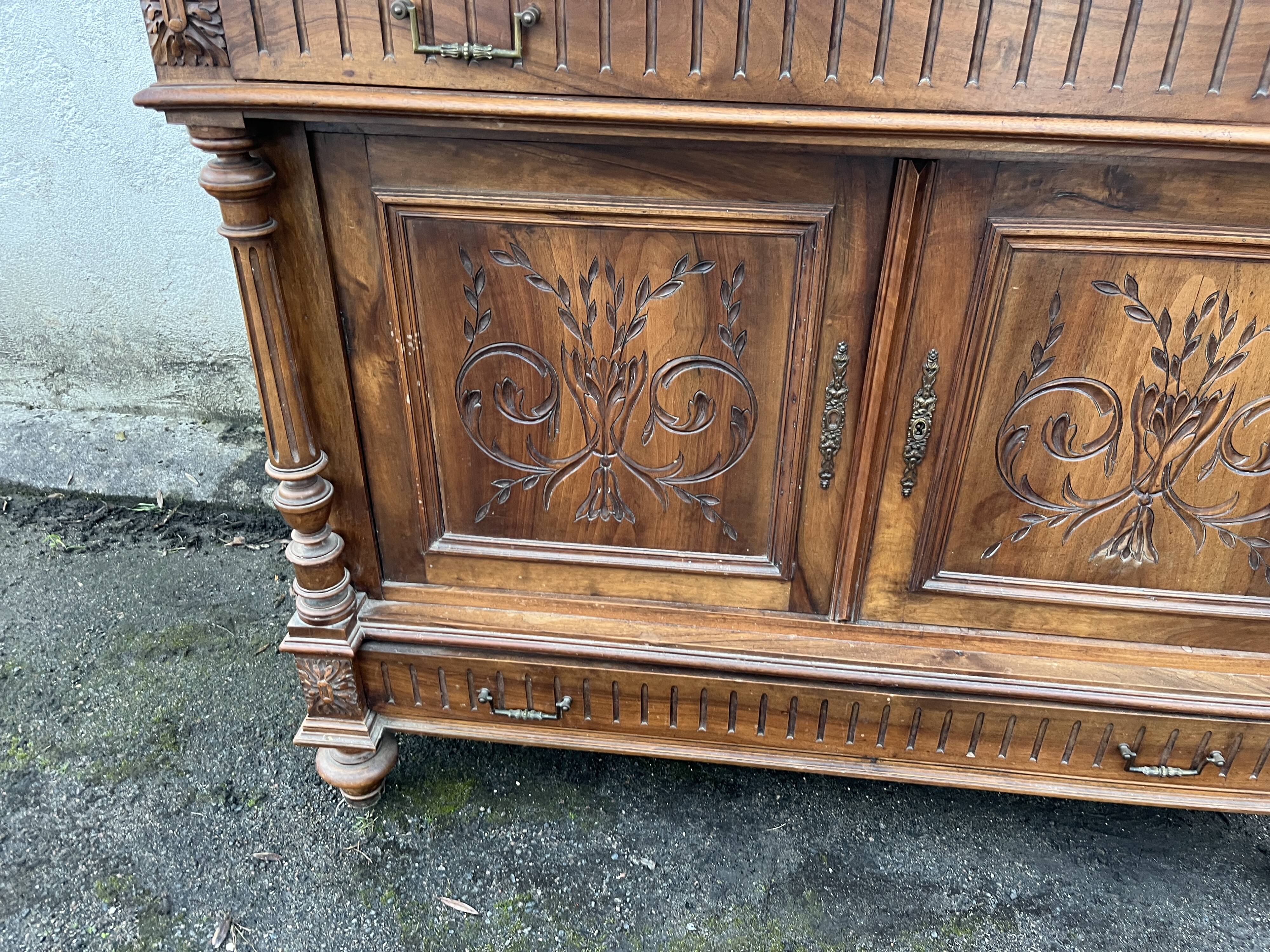 Henri II style low sideboard – carved wood and red marble top