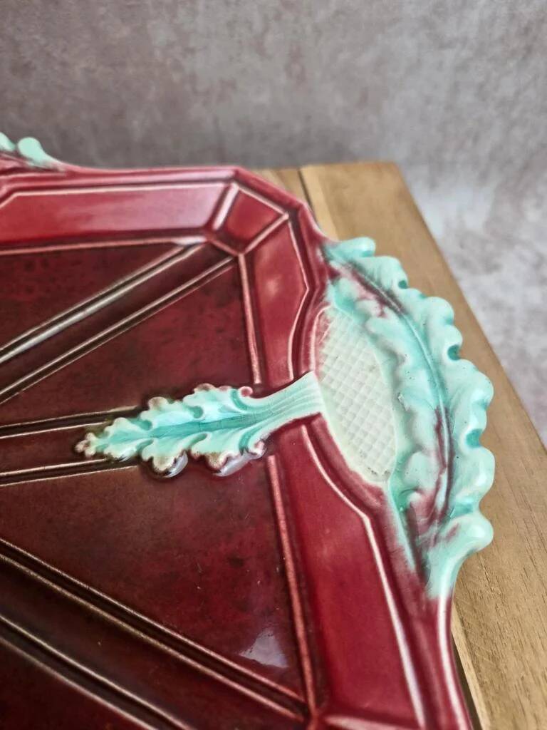 Antique majolica barbotine set – tray and 4 small pots – Art Nouveau