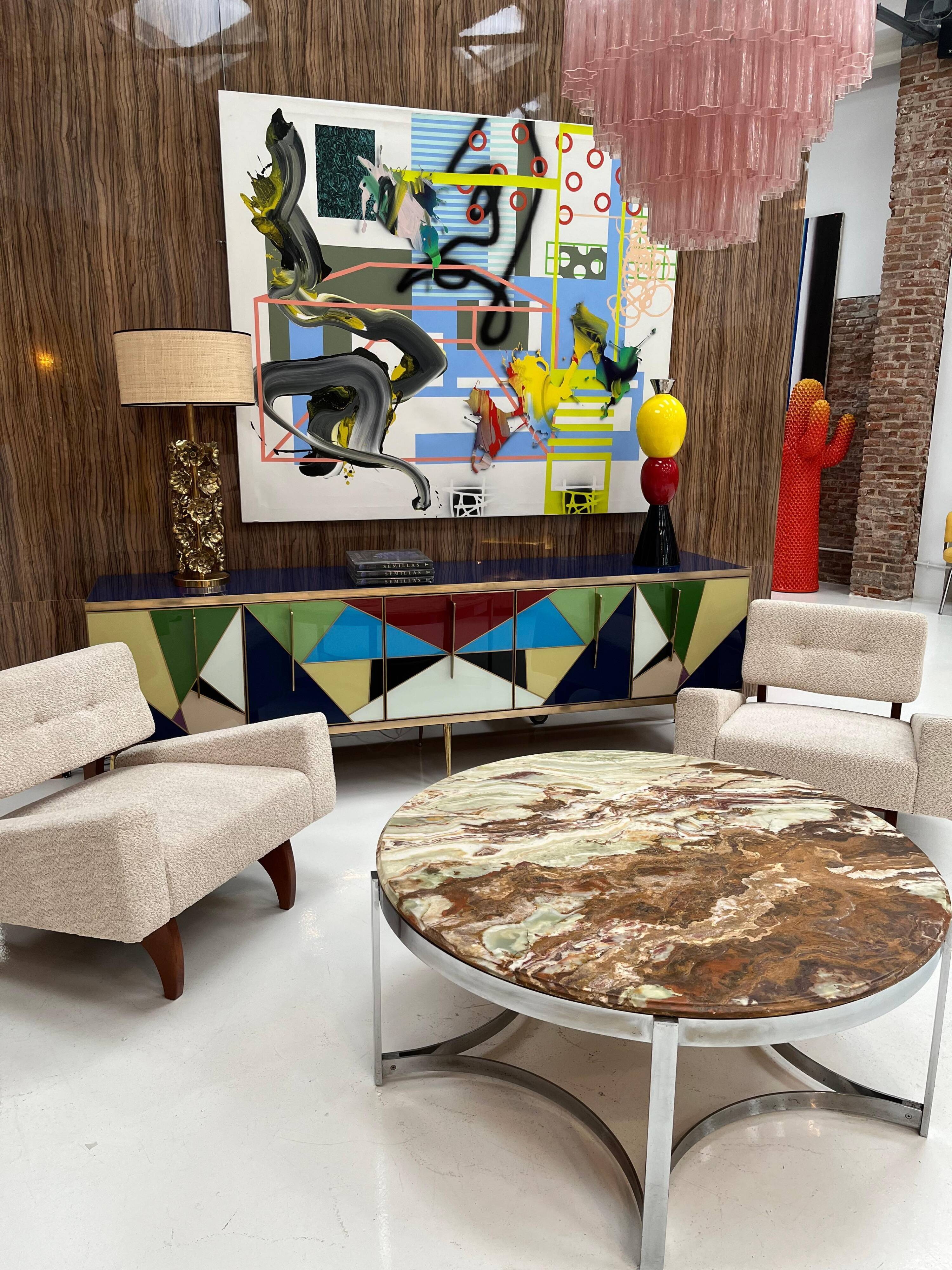 Mid-Century Modern Italian Round Coffee Table with Onyx Top and Sleek Steel Fram