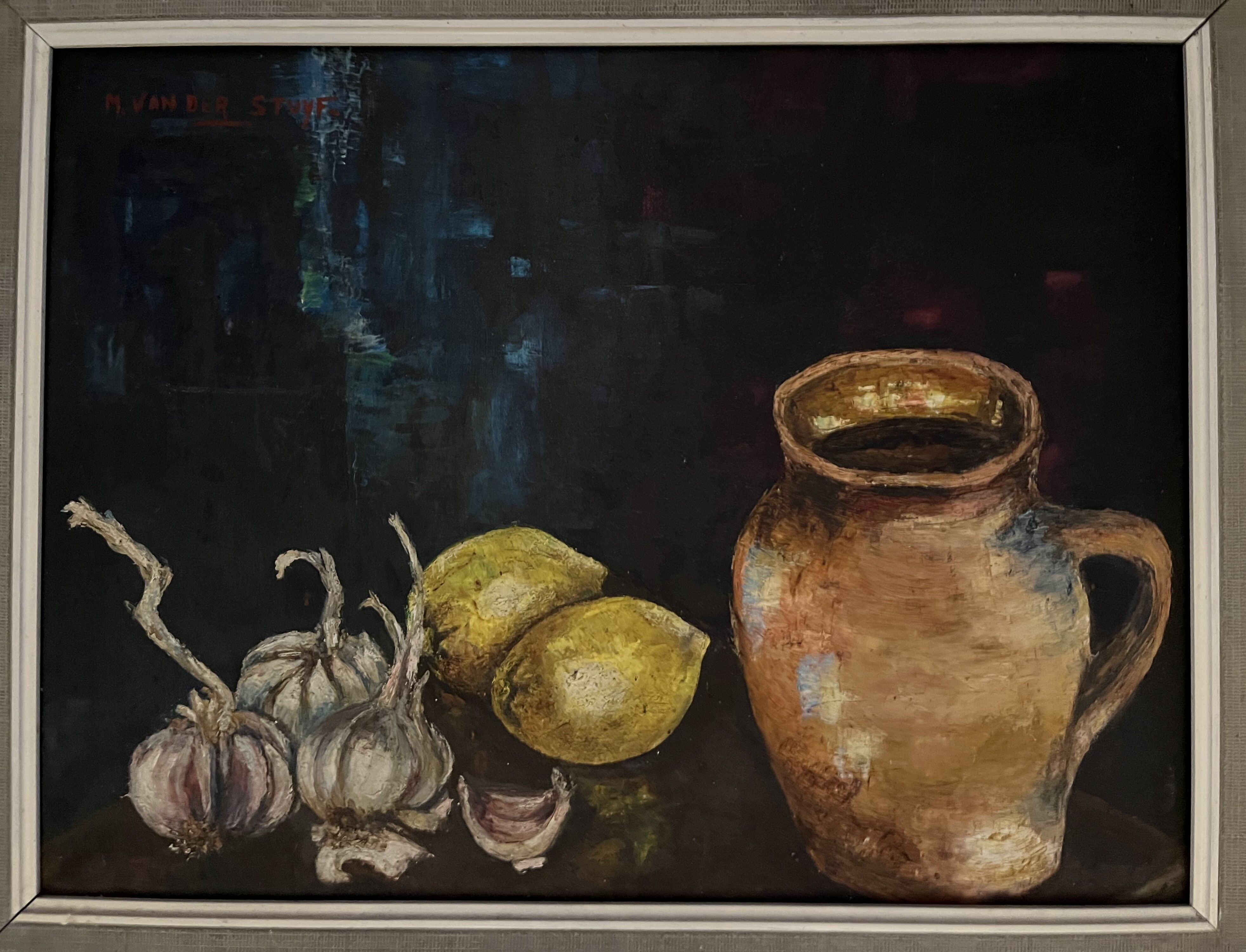 Painting Still Life with Jug, Garlic and Lemons
