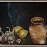Tableau nature morte à la cruche aux ails et citrons